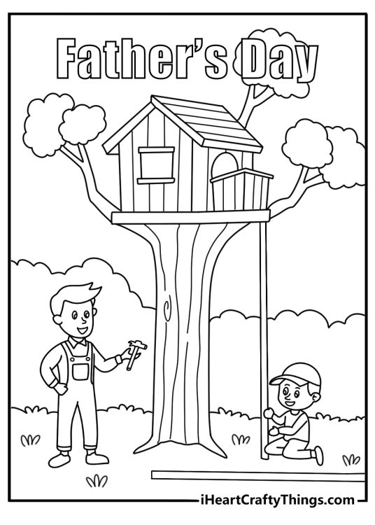 Dad and child building treehouse coloring page