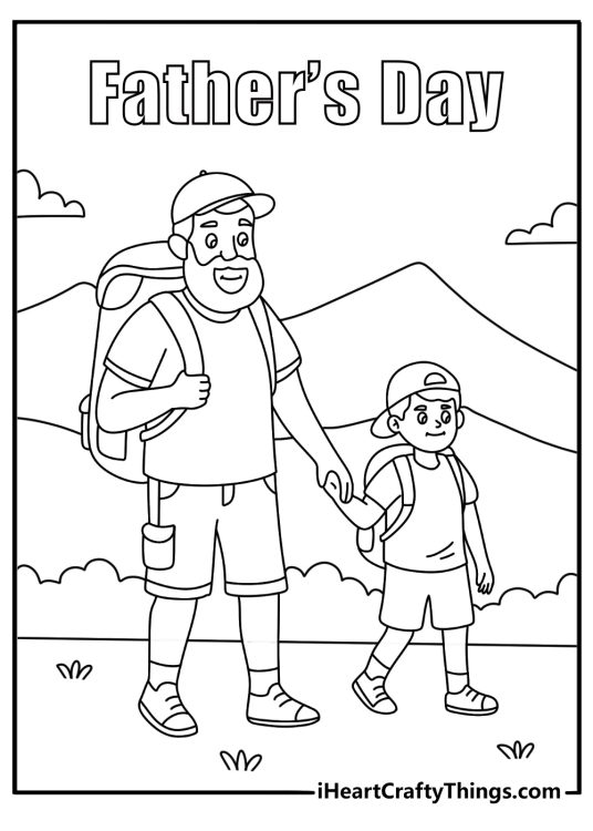 Dad and son hiking Father_s Day printable coloring page