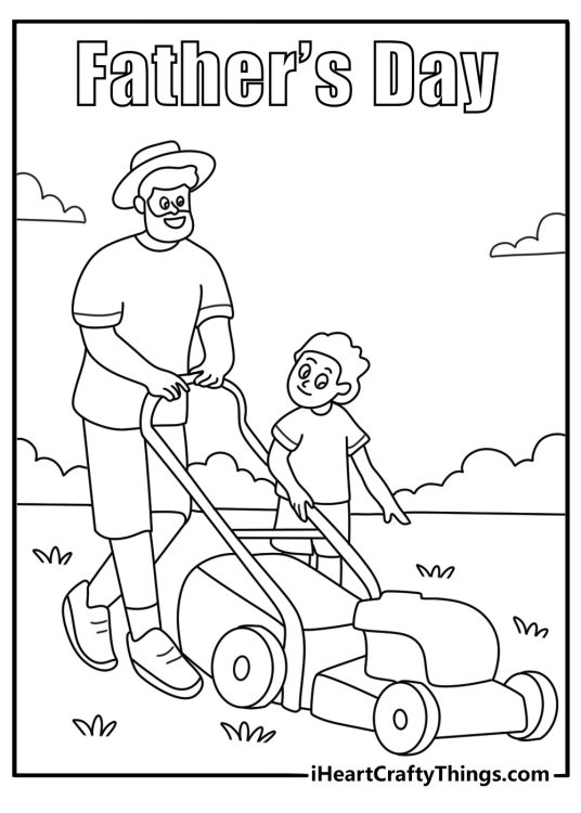 Dad mowing lawn with kids Father_s Day coloring sheet