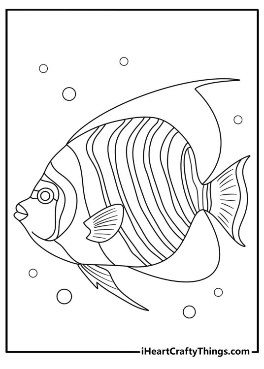 Detailed angelfish coloring sheet for adults with scale patterns and fin lines