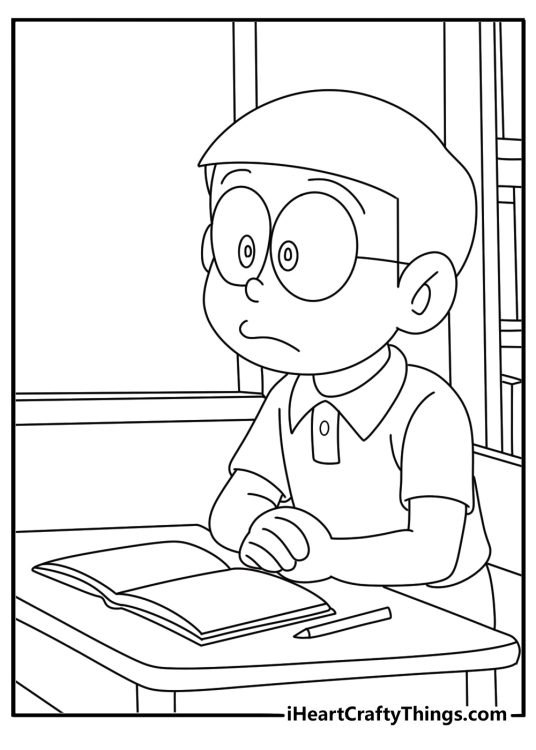 Doraemon coloring page showing Nobita beside a school desk and open notebook