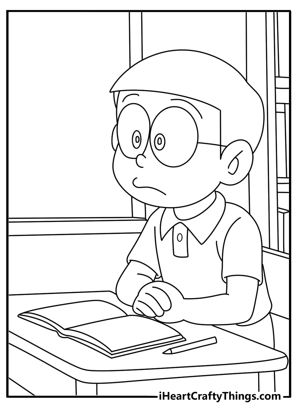 Doraemon coloring page showing Nobita beside a school desk and open notebook