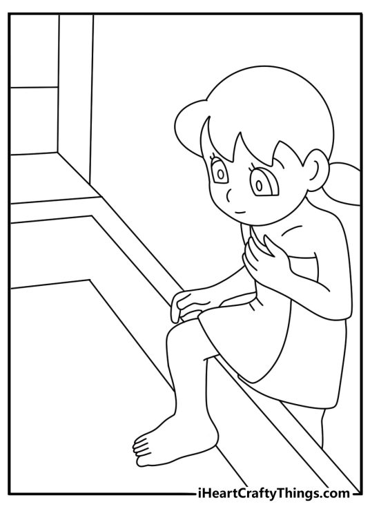 Doraemon coloring pages scene with Shizuka near a bathtub and towel shelf