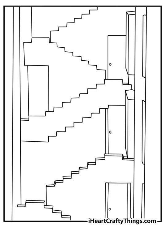 Dormitory staircase with pink walls and endless doors Squid Game coloring page