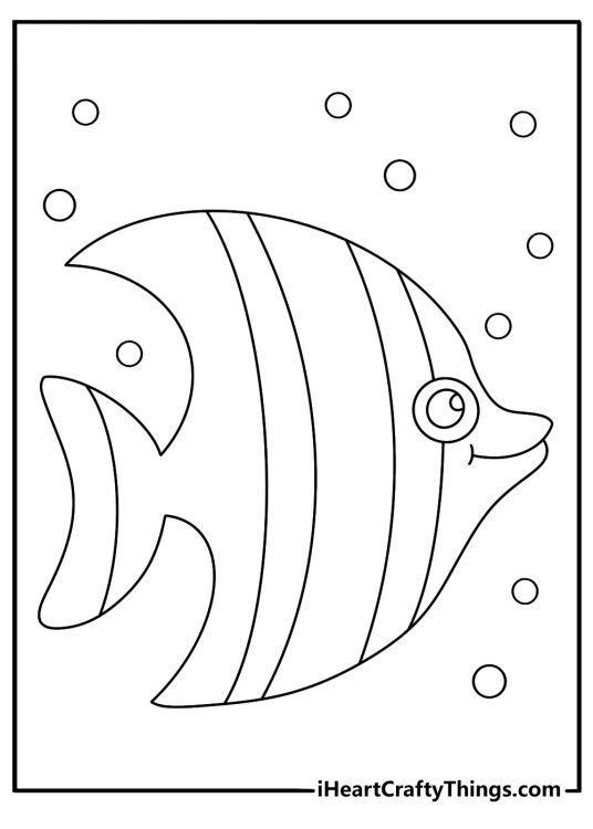 Easy angelfish coloring page with an angelfish and tiny bubbles