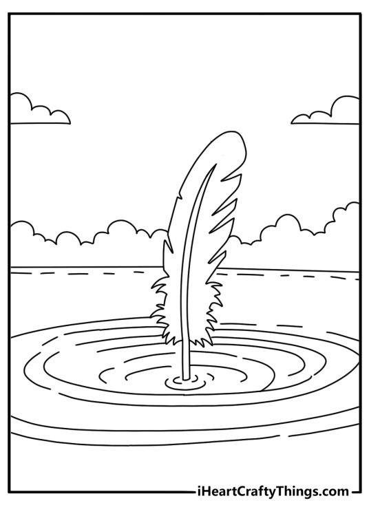 Easy swan coloring sheet with a pond ripple and fallen feather