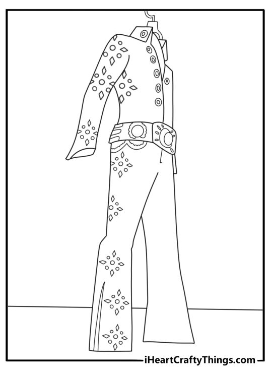 Elvis Presley coloring page showing a jeweled jumpsuit on a stage hanger