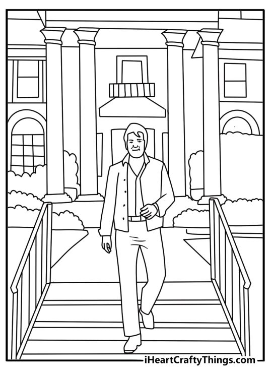 Elvis Presley coloring pages scene showing Graceland mansion and garden path