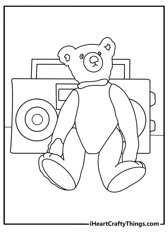 Elvis coloring page for kids showing a teddy bear beside a radio