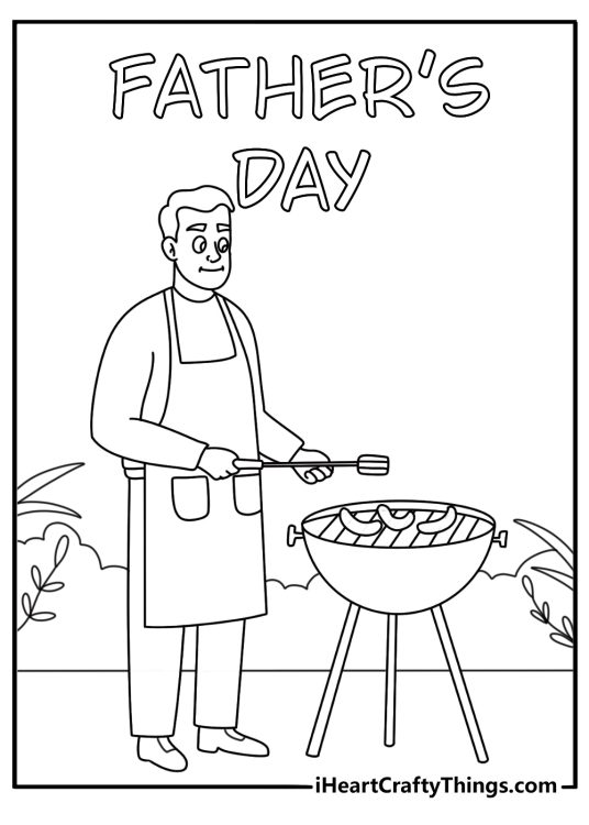 Father_s Day coloring page with barbecue apron and grill tools