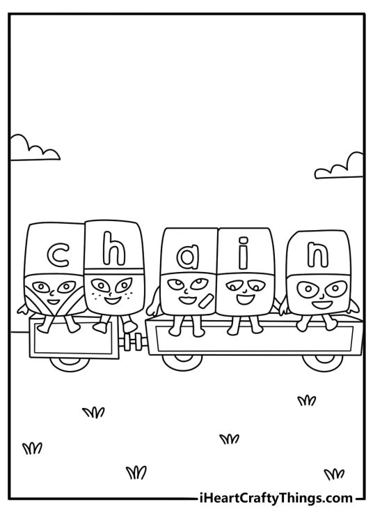 Free Alphablocks coloring sheet showing several letter blocks forming a word chain