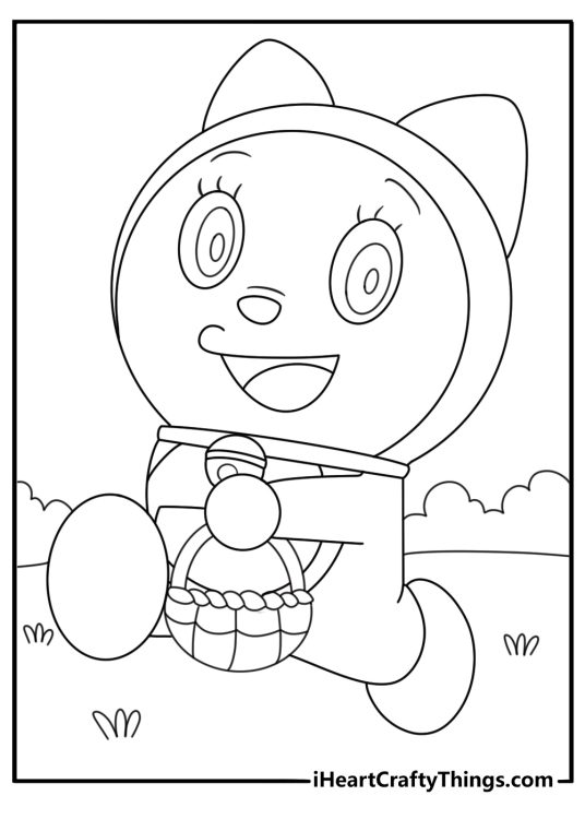 Free Doraemon printable with Dorami holding a small ribbon basket