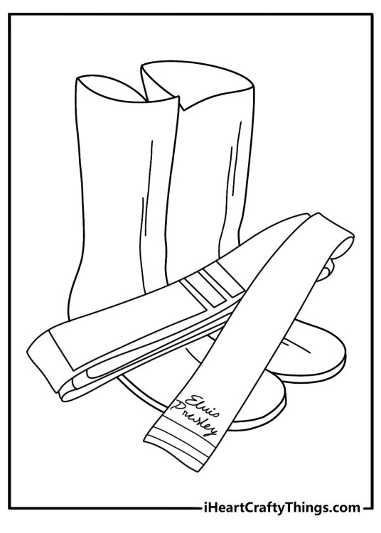 Free Elvis Presley coloring page featuring a karate belt and stage boots