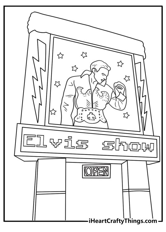 Free Elvis Presley coloring pages coloring page featuring a theater marquee and stars