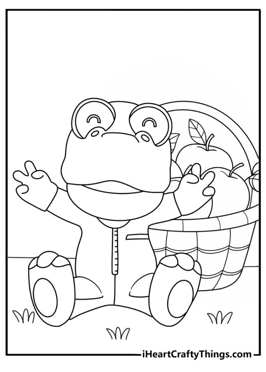 Free Pororo printable featuring Crong near a basket of apples