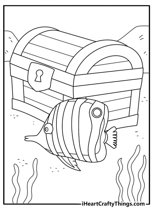 Free angelfish printable of an angelfish beside a treasure chest