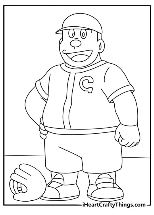 Free printable Doraemon sheet featuring Gian near a baseball glove