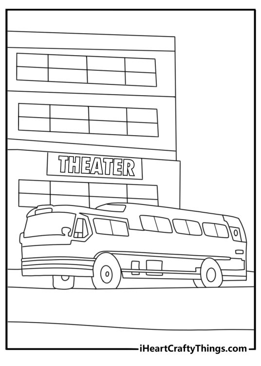 Free printable Elvis sheet featuring a tour bus parked near a theater
