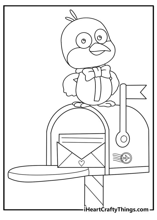 Free printable Pororo sheet showing Harry perched on a mailbox