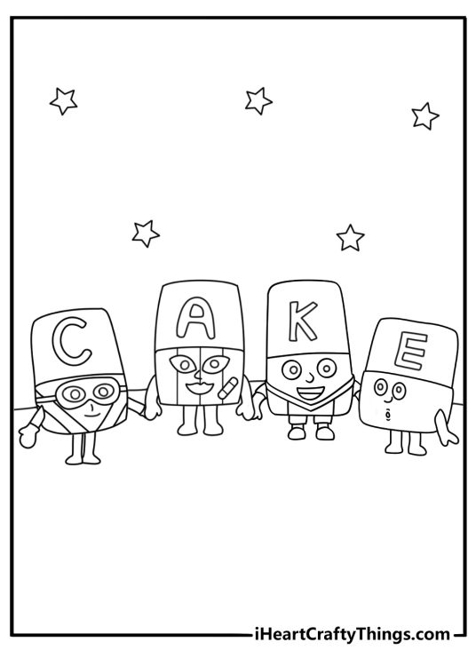 Free printable for kids showing Alphablocks spelling CAKE