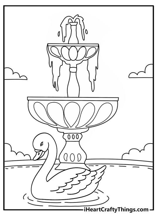 Free swan coloring pages coloring page featuring a swan beside a fountain