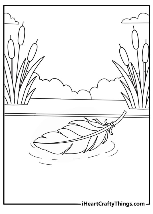 Free swan printable featuring a feather floating beside cattails