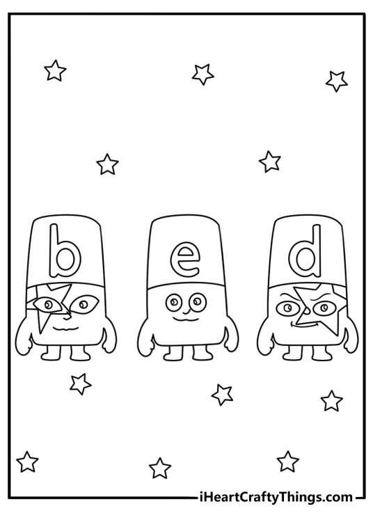 Kids can color Alphablocks joining together to make the word BED