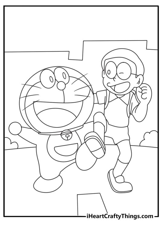 Kids can color Doraemon and Nobita walking home from school