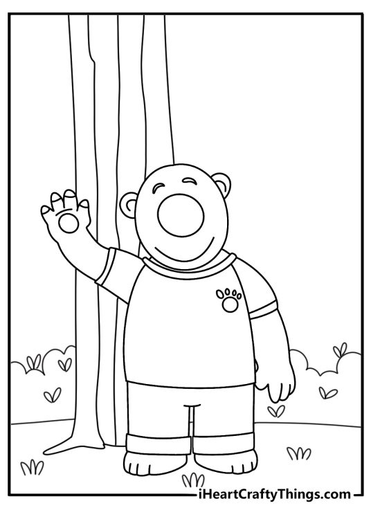 Kids can color Poby standing beside a tall pine tree