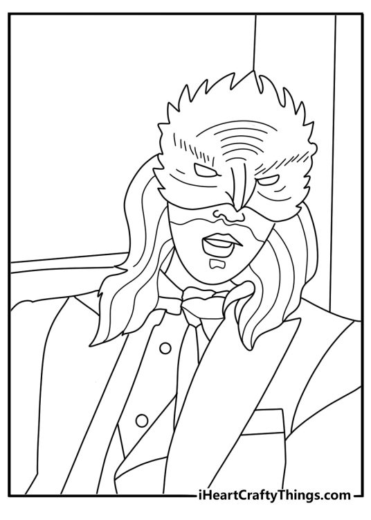 Masked VIP viewers in animal masks seated on ornate couch detailed coloring sheet for adults