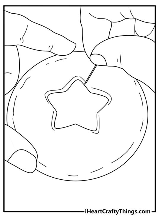 Player carving dalgona tin with needle close view easy coloring page