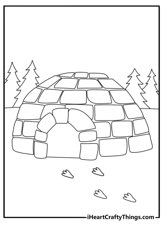 Pororo coloring page for kids with a small igloo and penguin footprints