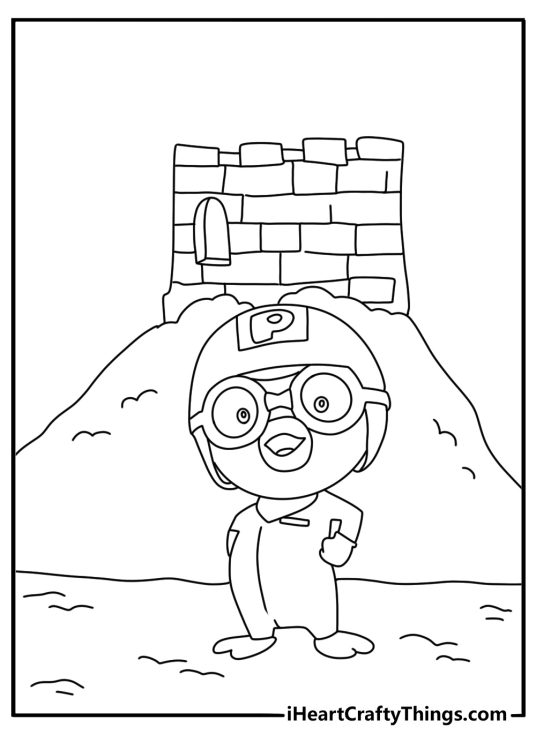 Pororo coloring page showing Pororo with his helmet beside a snow fort