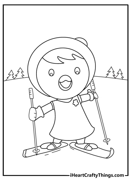 Pororo coloring pages scene featuring Petty and a pair of skis