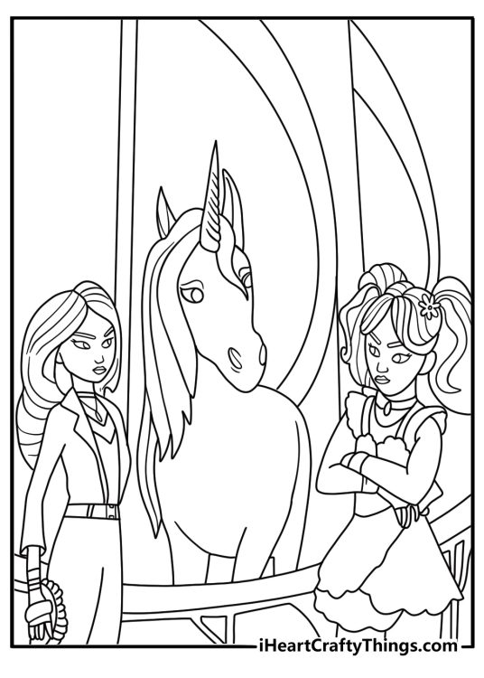 Potion in crystal hall with unicorn partners printable coloring page
