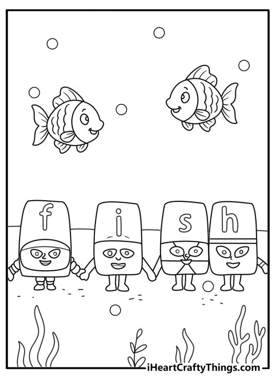 Printable Alphablocks page with letters spelling FISH beside a fish