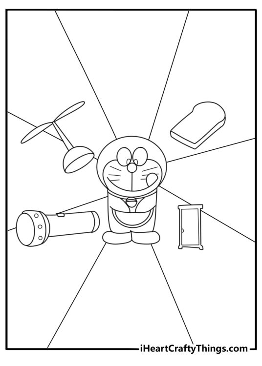 Printable Doraemon coloring page showing a gadget box full of future tools