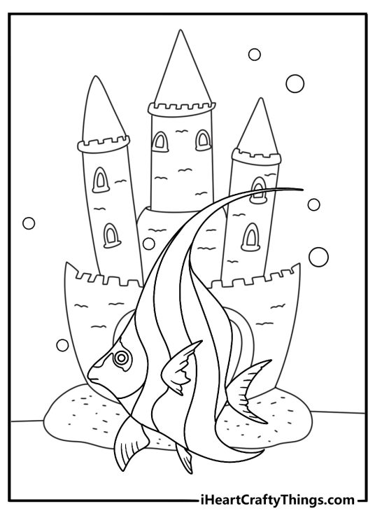 Printable angelfish coloring page with an angelfish near a castle aquarium decoration