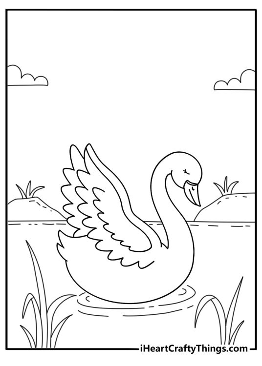 Printable bird coloring page showing a swan near tall lake plants