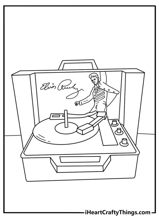 Printable coloring page of a record player spinning an Elvis album