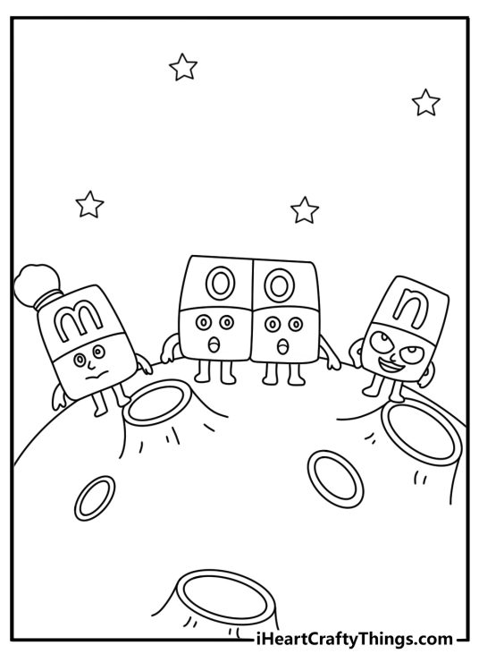 Printable phonics coloring sheet featuring Alphablocks making the word MOON