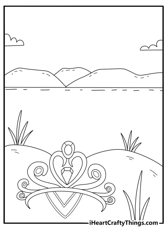 Printable swan coloring page with a ballerina crown beside the lake