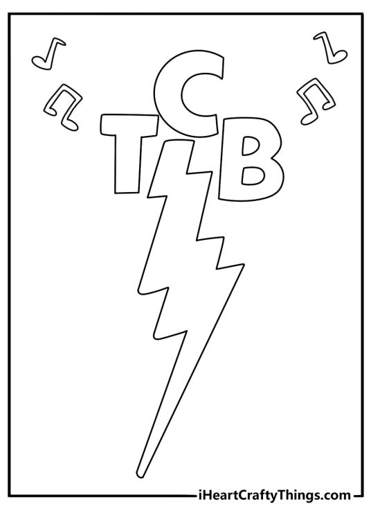 Simple Elvis coloring page with a lightning bolt logo and music notes