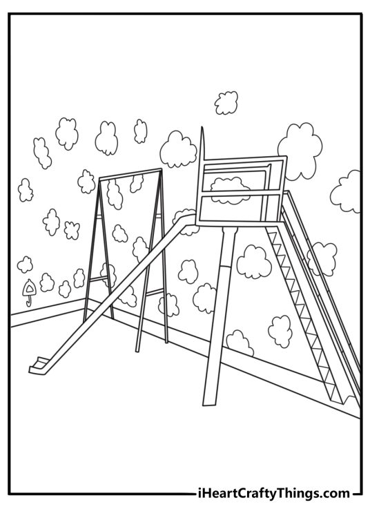 Squid Game coloring page with giant playground slide and maze stairs