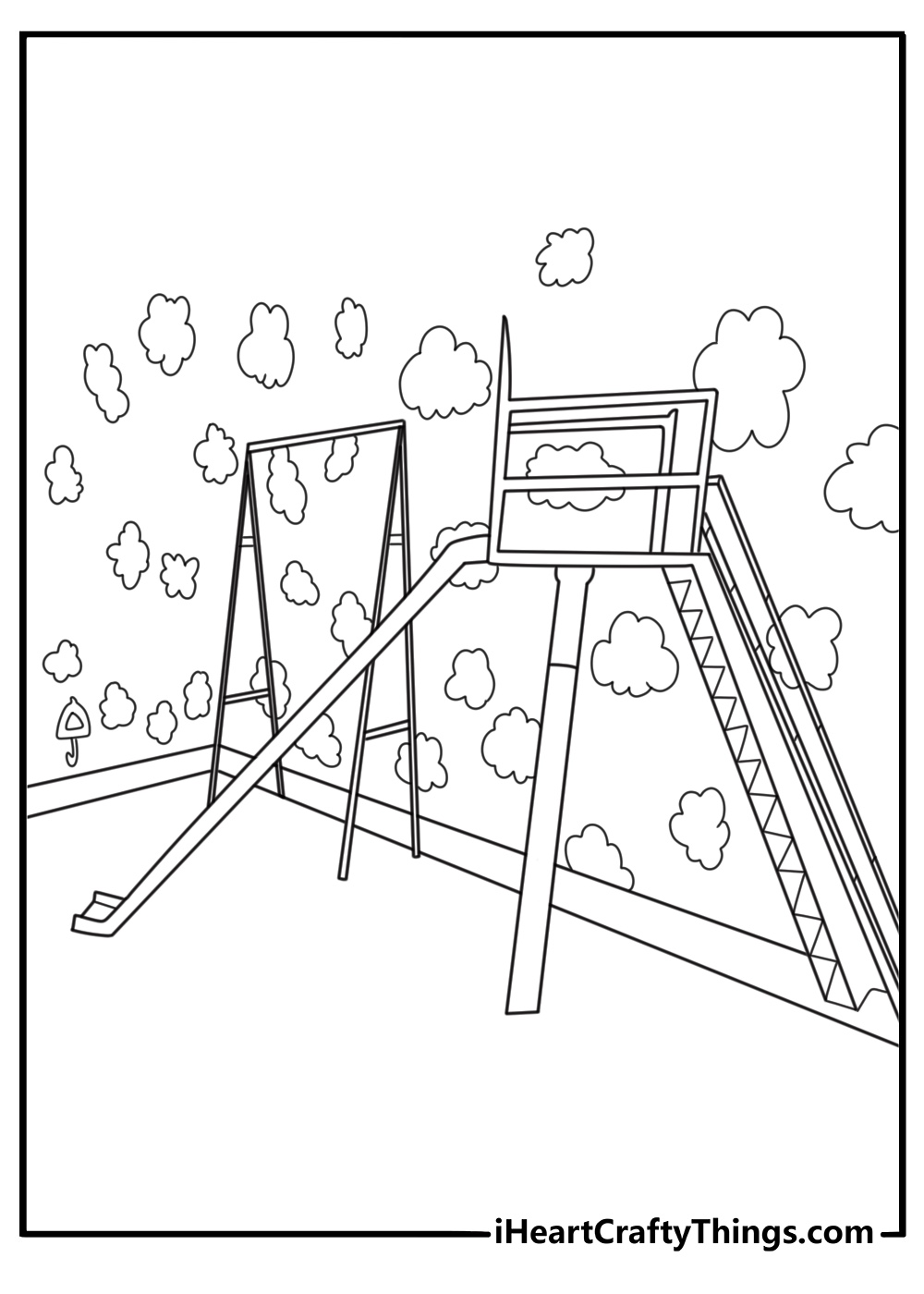 Squid Game coloring page with giant playground slide and maze stairs