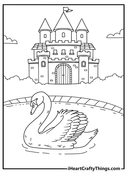 Swan coloring pages scene featuring a castle pond and garden path