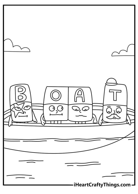 The word BOAT comes together in this simple Alphablocks coloring page