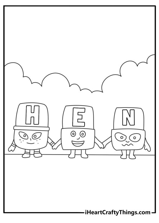 The word HEN appears as Alphablocks combine in this easy coloring sheet