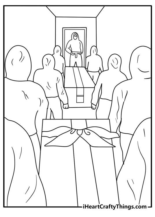Worker in pink suit carrying gift box through hallway printable coloring sheet