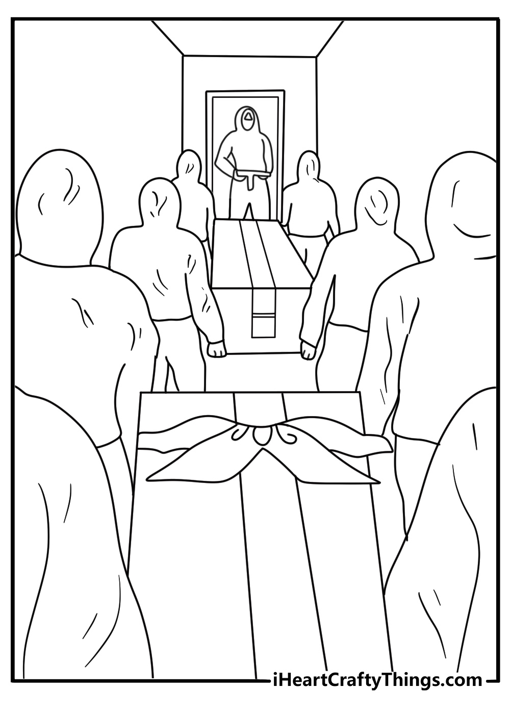 Worker in pink suit carrying gift box through hallway printable coloring sheet